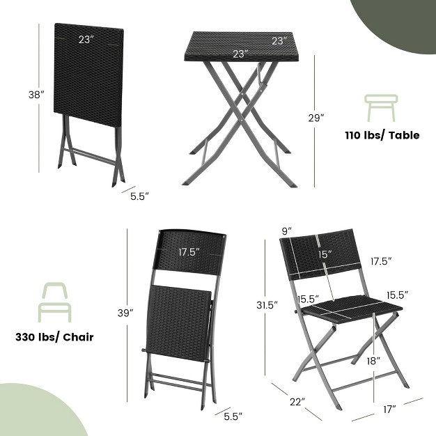 Costway 3pcs patio Folding Rattan Bistro Set Chairs Backrest Table Garden Deck