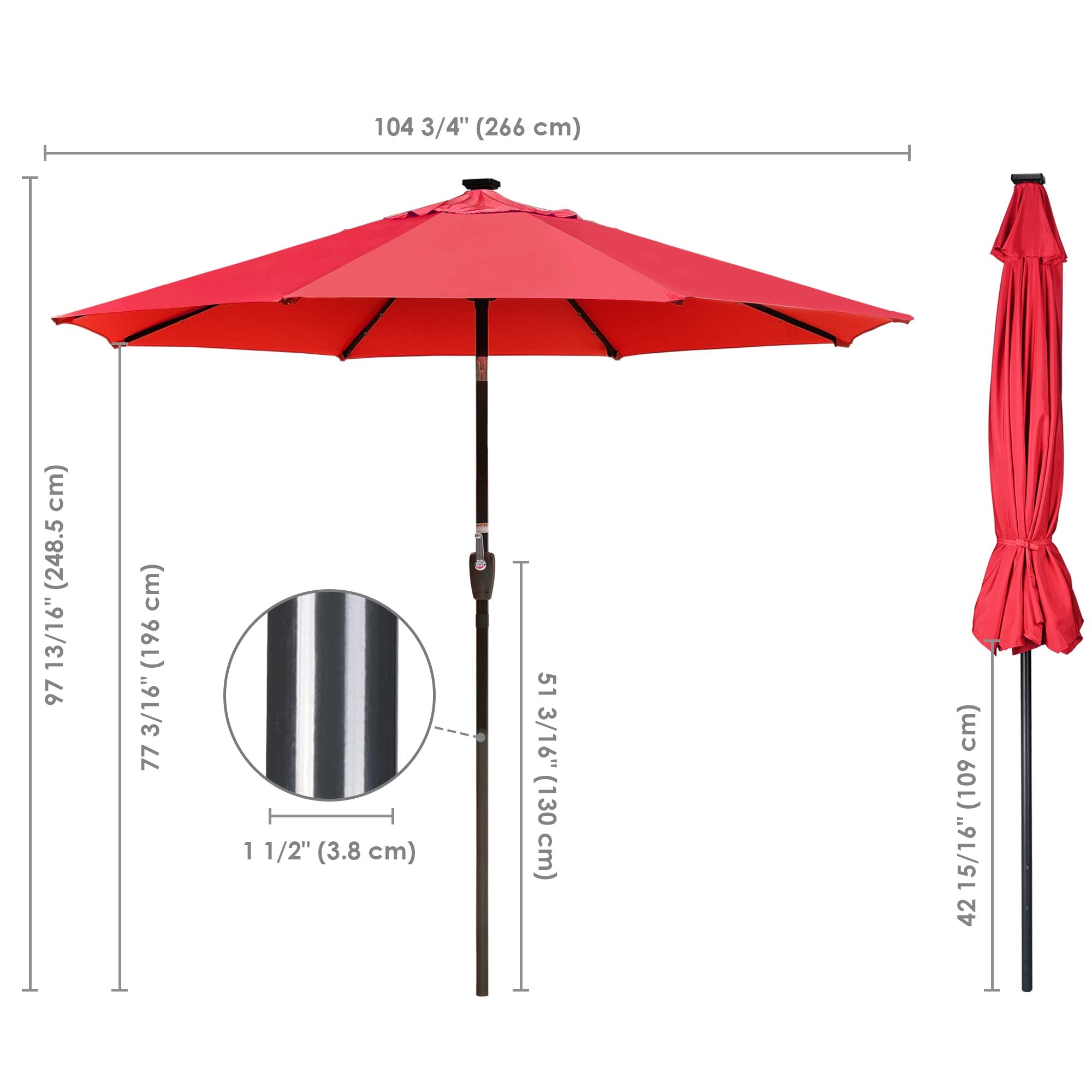 LAGarden 9Ft LED Lighted Patio Market Umbrella Outdoor Solar Powered Table Umbrella 8 Ribs 32 Lights UV30 Red