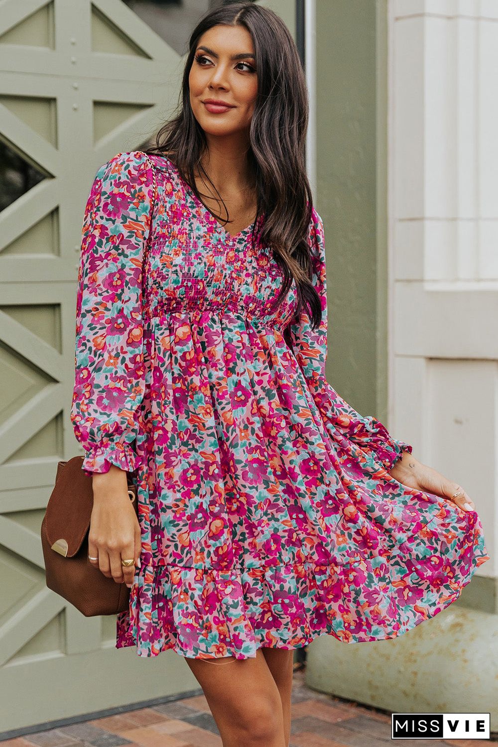 Purple Smocked V Neck Puffy Sleeve Floral Dress