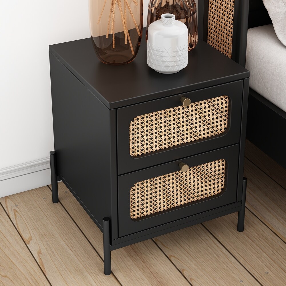 Rattan Wood Closet 2 Drawer Side Table Nightstand for Bedroom Entryway