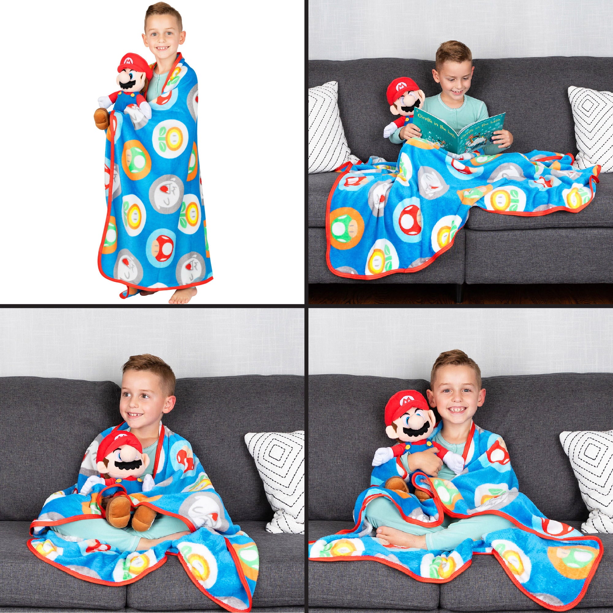 Super Mario Kids Hugger Pillow and Fleece Throw， Gaming Gift Set， 2-Piece， Blue， 