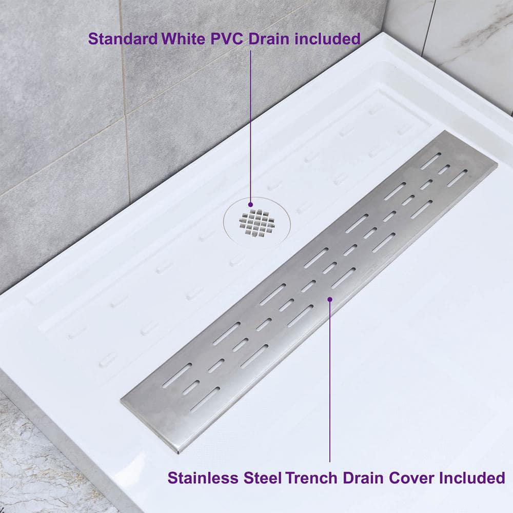 WOODBRIDGE 48 in x 32 in Solid Surface Single Threshold Right Drain Shower Pan with Stainless Steel Linear Cover in White