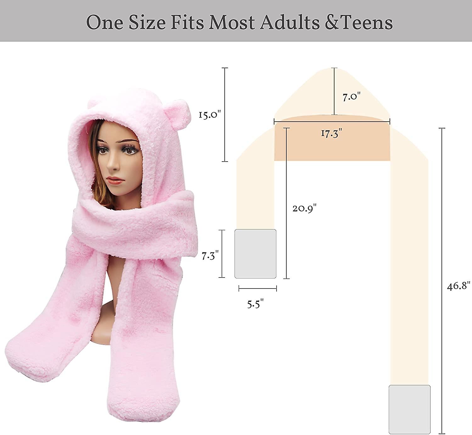 Winter Faux Fur Hood Hat Scarf And Gloves 3 In 1 Hooded Scarf For Women Men Ear Pink -