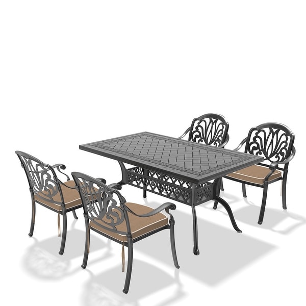 5/7Piece Cast Aluminum Outdoor Dining Set with 59.06'' L X 35.43'' W Rectangular Table and Random Color Seat Cushions