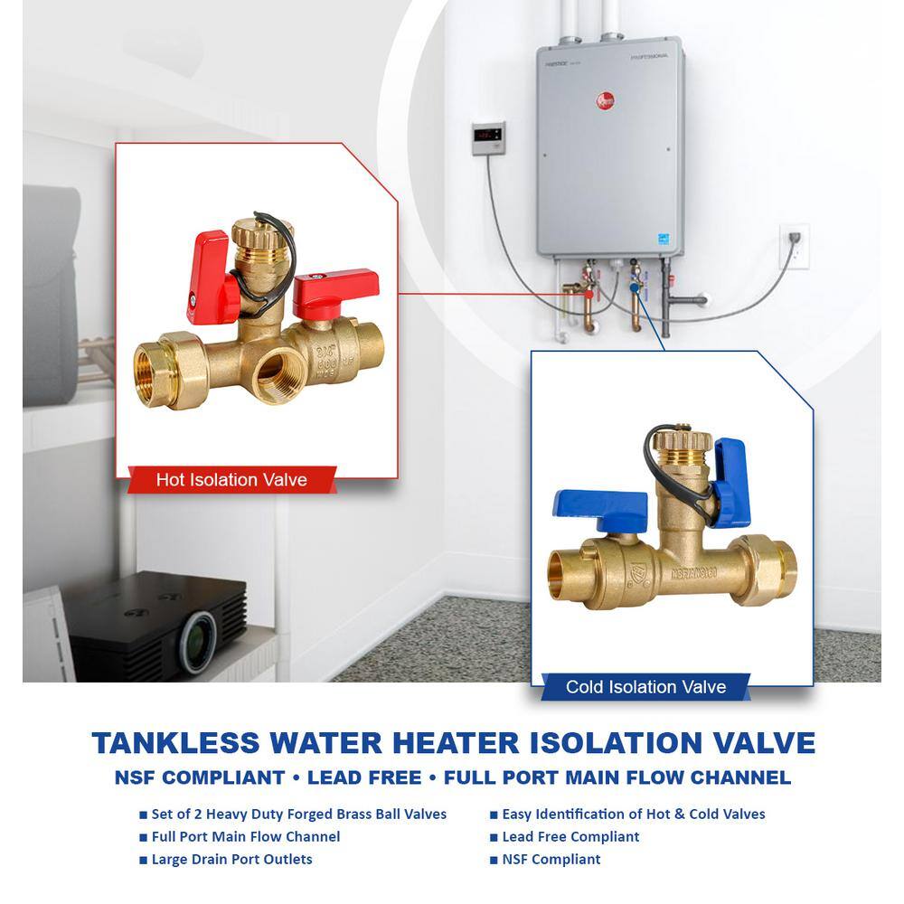 The Plumber's Choice 34 in. SWT ankless Water Heater Kit- Set of 2 Heavy Duty Hot and Cold Isolation Valves with Cleanouts Forged Brass WGUH-JTP56-T-MG