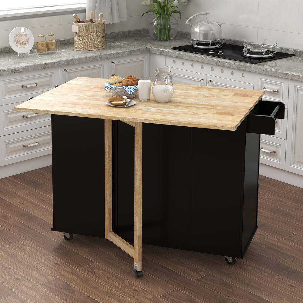 Tileon Black Kitchen Island with Spice Rack Towel Rack and Extendable Solid Wood Tabletop AYBSZHD308