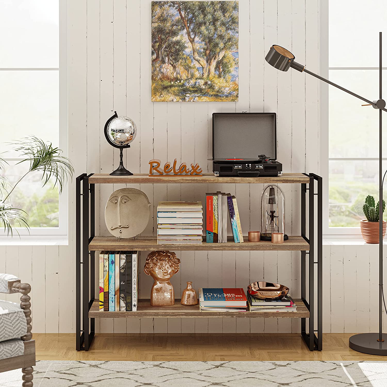 43 inch Bookshelf 3-tier Industrial Bookcase Wood Storage Shelf