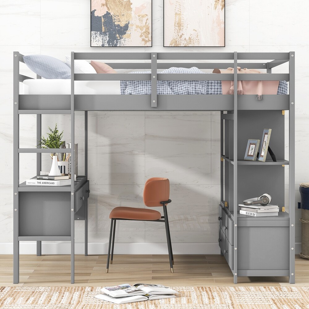 Full Size Loft Bed with Built in Desk with Storage Shelves   Drawers