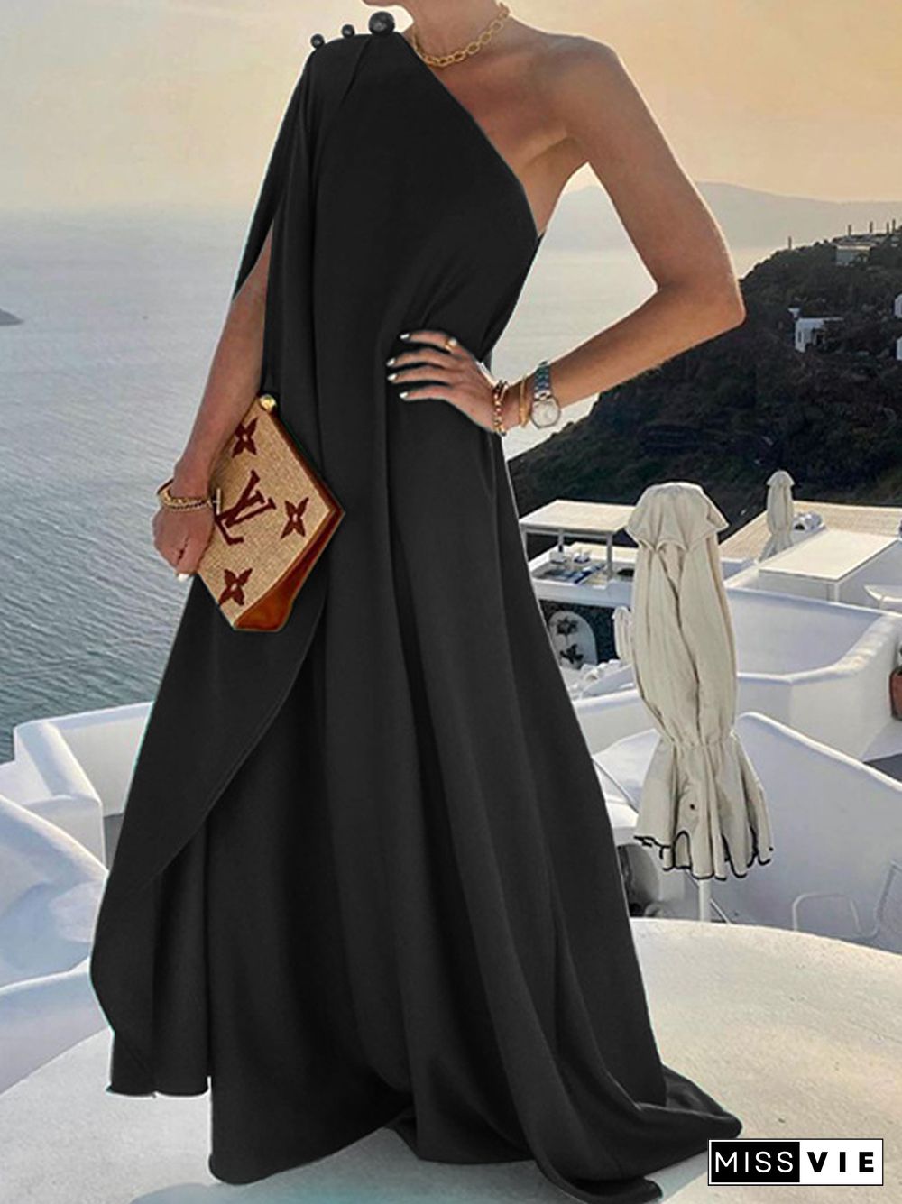 Women Sexy Off Shoulder Boho Long Dress Elegant One Shoulder Loose Party Dress Summer Fashion Button Solid Beach Maxi Dress