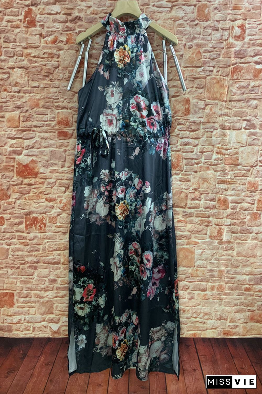 Sleeveless Tie Dye Halter Neck Floral Maxi Dress