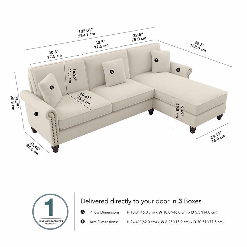 Bush Furniture Coventry 102W Sectional Couch with Reversible Chaise Lounge in Cream Herringbone