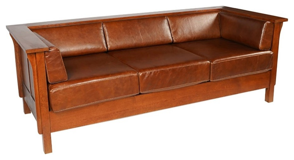 Arts and Crafts / Craftsman Cubic Panel Side Sofa   Chestnut Brown Leather   Craftsman   Sofas   by Homesquare  Houzz