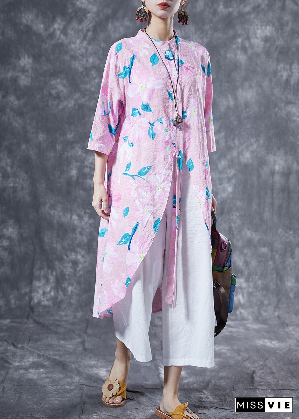 Pink Print Cotton Long Shirt Oversized Low High Design Summer