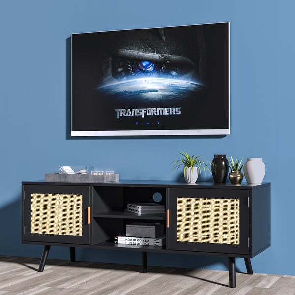 Anmytek Rattan Wood TV Stand for 55'' TV Mid Century Modern Entertainment Center with Storage Cabinet