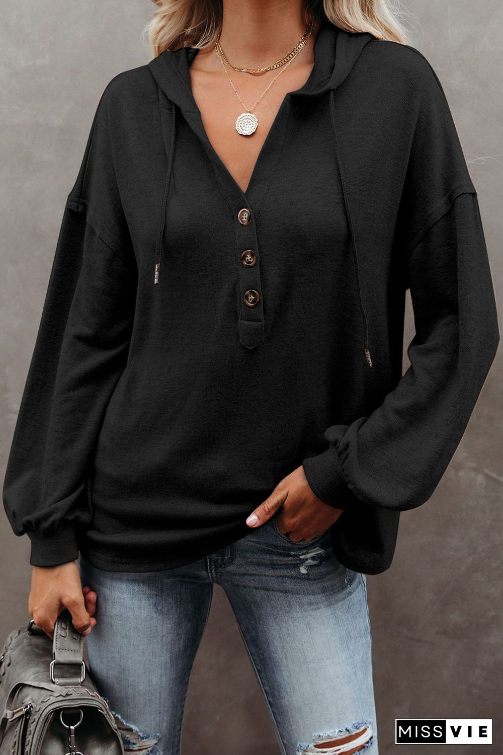 Black Buttoned High and Low Hem Hoodie