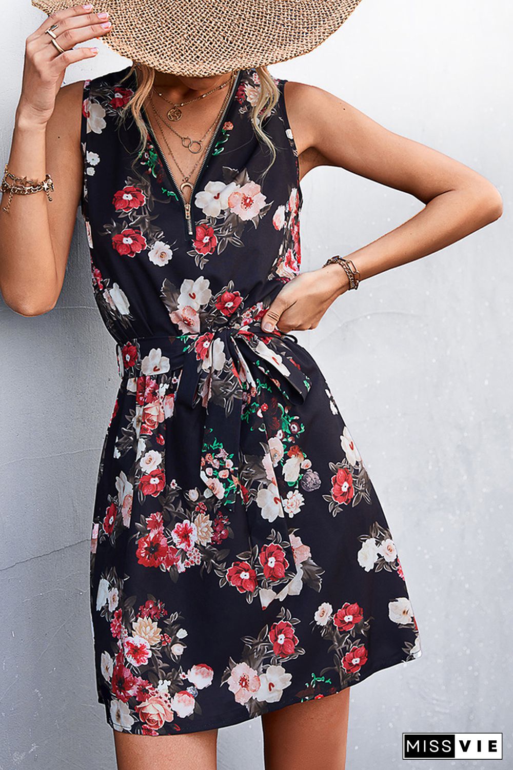 Sleeveless Zip Neck Floral Print Dress Wholesale