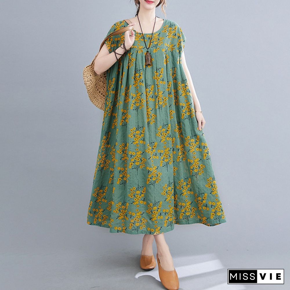 Oversized Retro Summer Short Sleeve Kaftan Casual Floral Printed Bohemian Long Maxi Shirt Dress Holiday