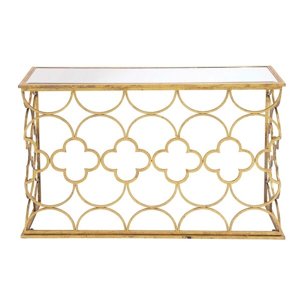 Gold Metal Quatrefoil Design Geometric with Glass Top Accent and Coffee Table Collection