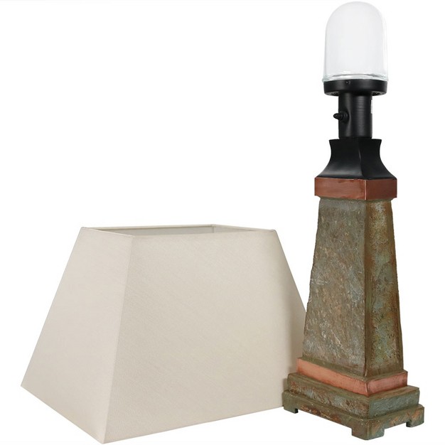 Sunnydaze Contemporary Natural Slate With Copper Trim And Fabric Cream Shade Accent Indoor outdoor Weather resistant Table Lamp