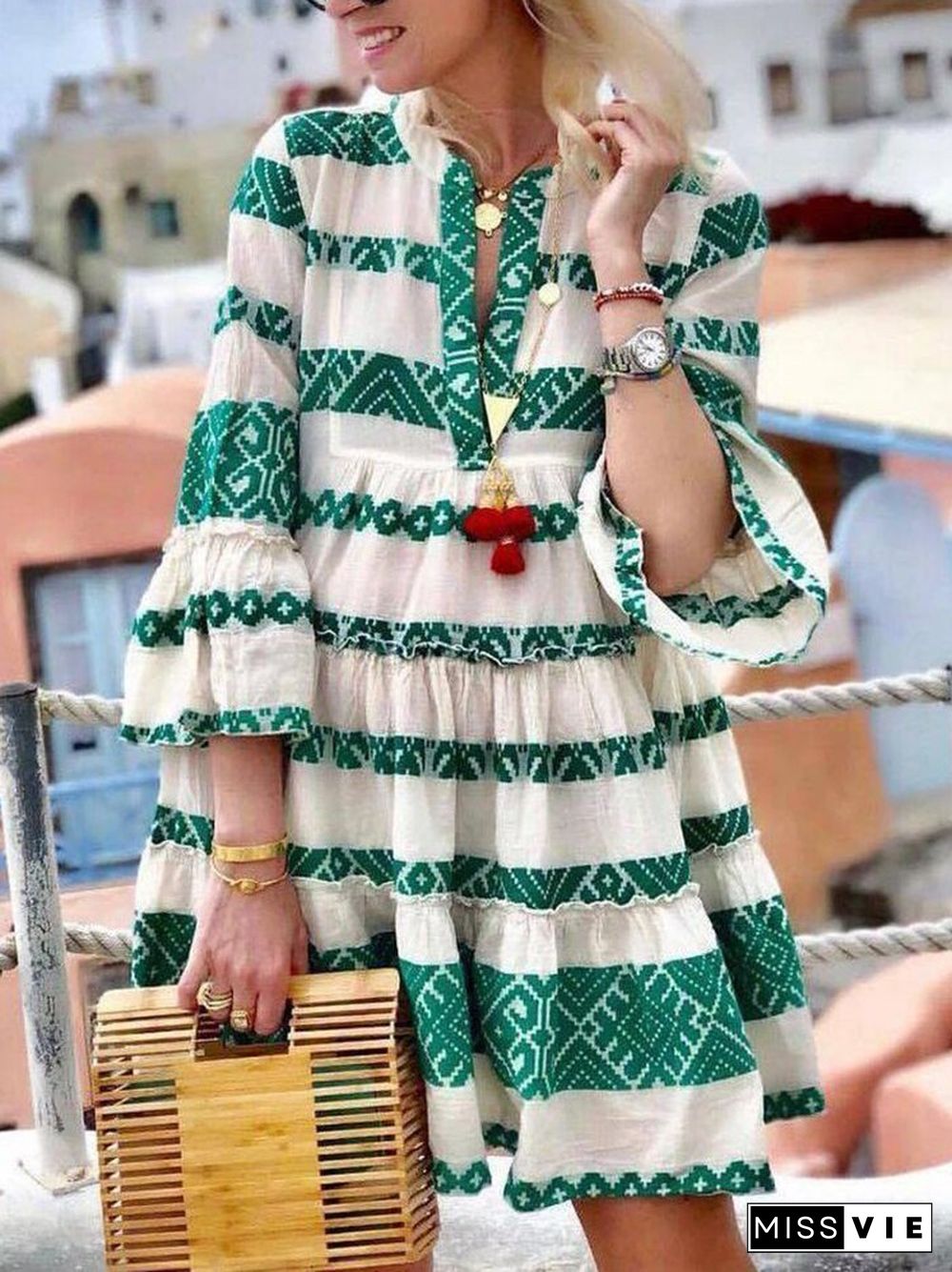 Elegant Button V-Neck Flare Sleeve Mini Dress Summer Sexy Party Beach Dress Women Fashion Colorful Print Stripe Dress Cover-Ups