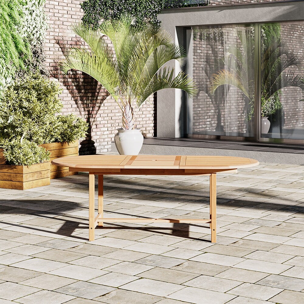 Amazonia Brown Oval Teak Wood Outdoor Dining Table with Extension   59 in. L x 37 in. W x 29 in. H