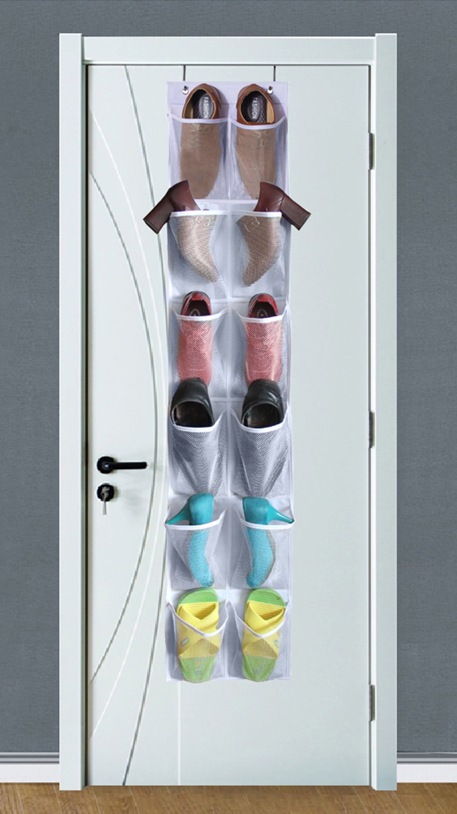 MISSLO Heavy Duty Over the Door Shoe Organizer 12 Pockets Narrow Shoe Storage for Closet Hanging Shoes Holder Hanger， White