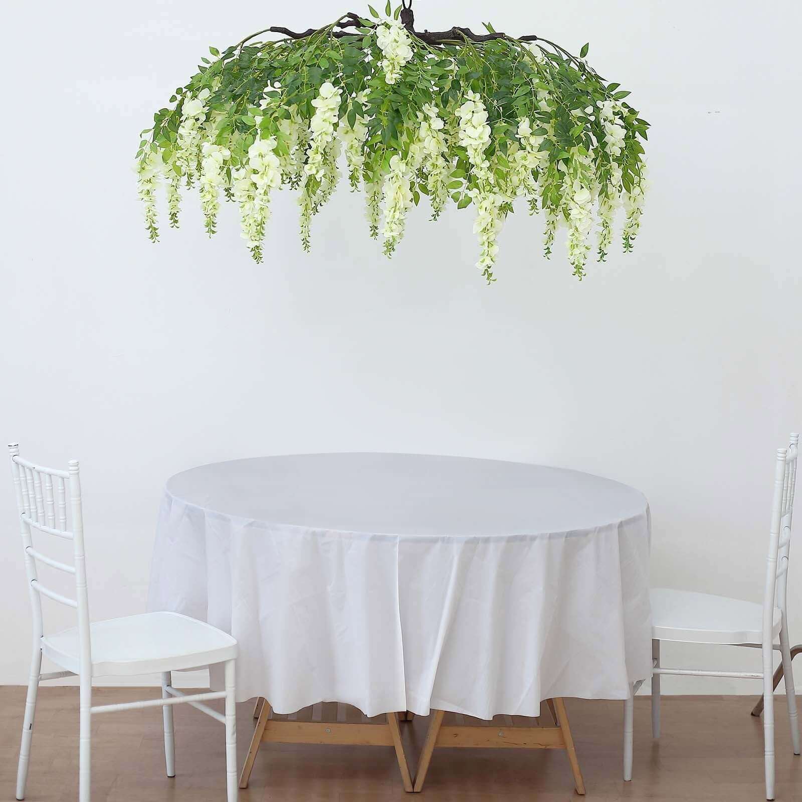 Cream Artificial Silk Wisteria Vine Round Hanging Canopy, Draping Garland Flower Chandelier With Interchangeable Branches 55