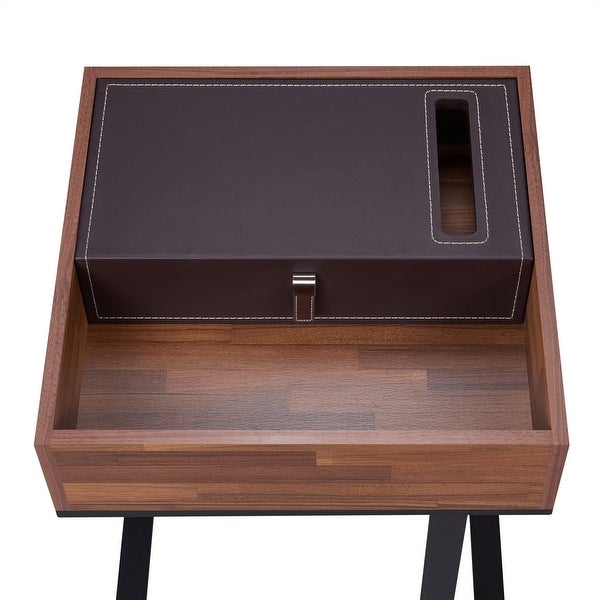 End Table in Espresso，Crafted with walnut veneer and sandy black metal Black Metal Tube Powder Coating 2 Top Compartments