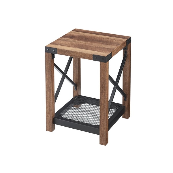 Farmhouse Wood Side Table with Mesh Shelf， 2-Tier End Table， X-Design