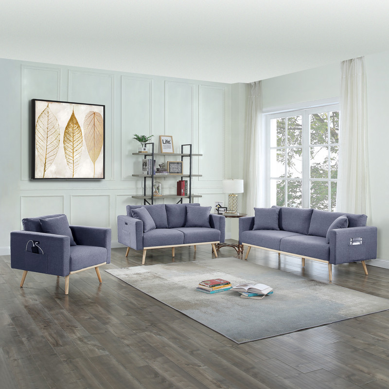 Easton Linen Sofa Loveseat Chair Set With USB Charging Ports   Midcentury   Living Room Furniture Sets   by Lilola Home  Houzz