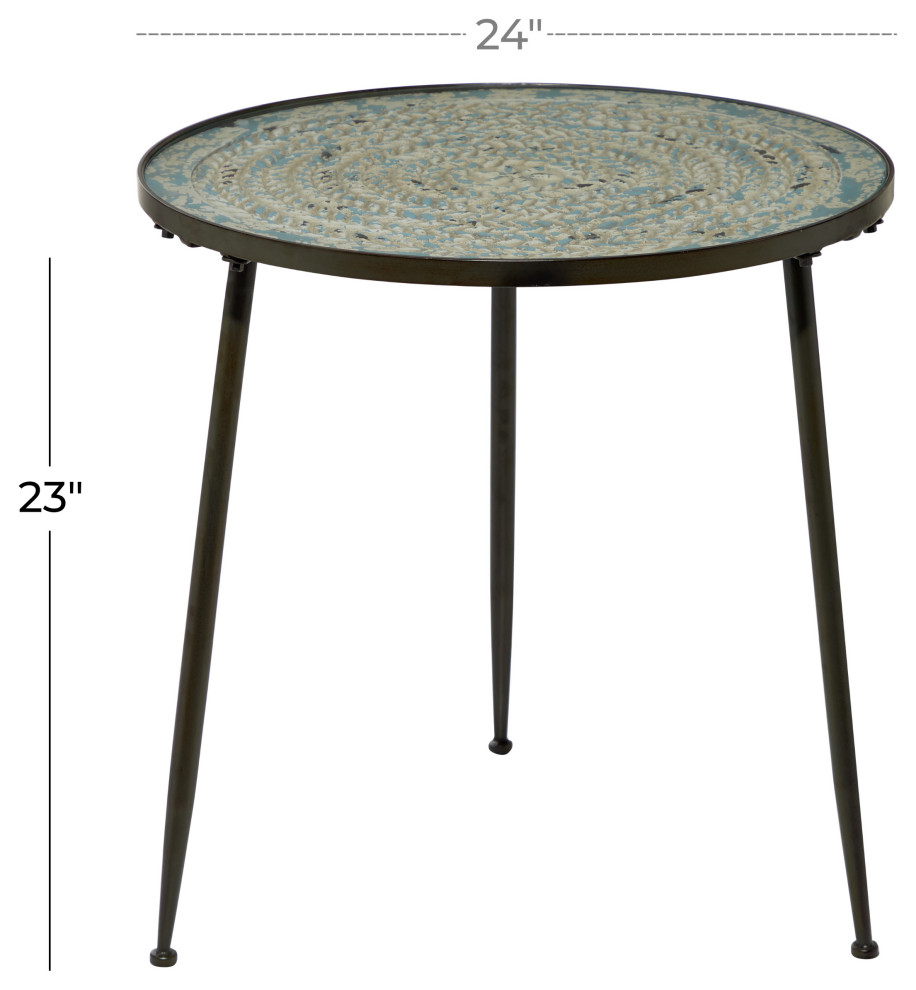 Round Accent Table With Carved Blue Wood Inlay  23.5 quotx22.8 quot  Industrial   Side Tables And End Tables   by Brimfield  ampMay  Houzz