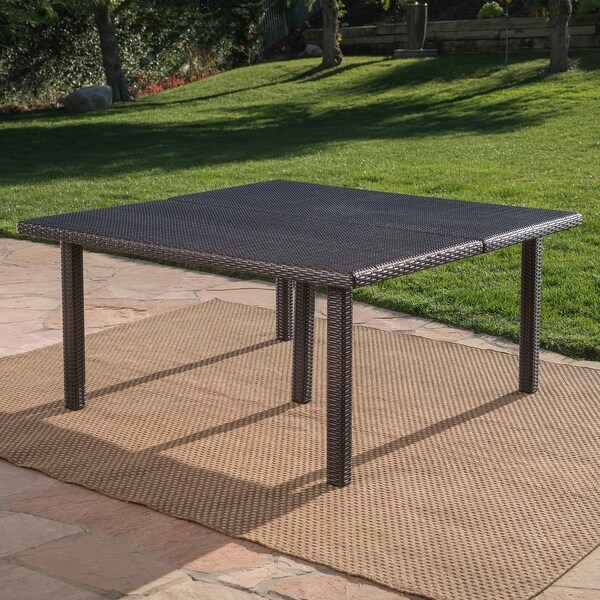 Outdoor 64 Inch Square Dining Table with Wicker Pulled Over an Iron Frame