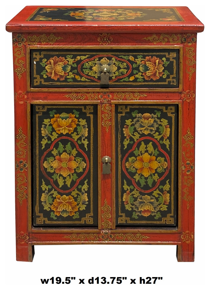 Tibetan Oriental Black Orange Red Floral End Table Nightstand Hcs6949   Asian   Side Tables And End Tables   by Golden Lotus Antiques  Houzz