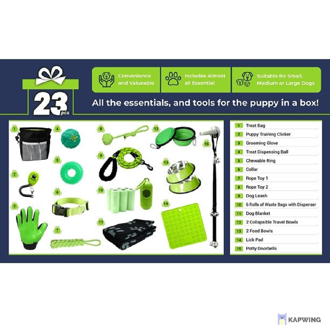 SETONWARE Puppy Starter Kit， Dog Toys， Dog Bed Blankets， Puppy Dog Grooming Tool， Training， Toys， Training Bells Dog Leashes Accessories for Dogs Gift for New Puppies Green 23 Pieces