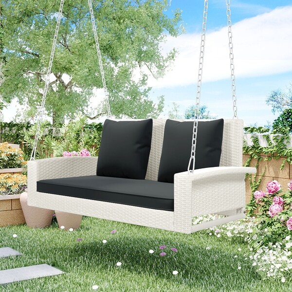 2Person Wicker Porch Swing，Modern Rocking Porch Swing with Chains Cushion Pillow Bench for Garden Backyard