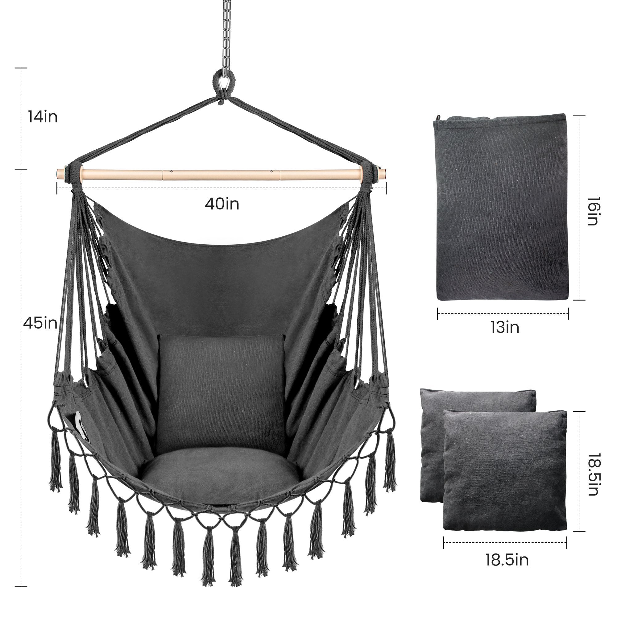 Hammock Chair Hanging Rope Swing - Portable Hammock Rope Chair Max 330 Lbs, Porch Swing Seating Indoor or Outdoor(Dark Gray)