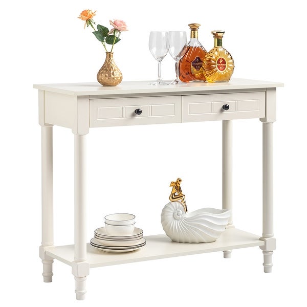 2-Tier Console Table with 2 Drawers， Sofa Table with Storage Shelves