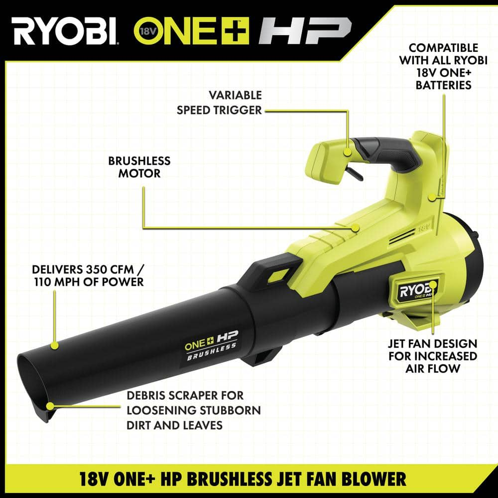 RYOBI ONE+ HP 18V Brushless 110 MPH 350 CFM Cordless Variable-Speed Jet Fan Leaf Blower w/ 4.0 Ah Battery and Charger P21120