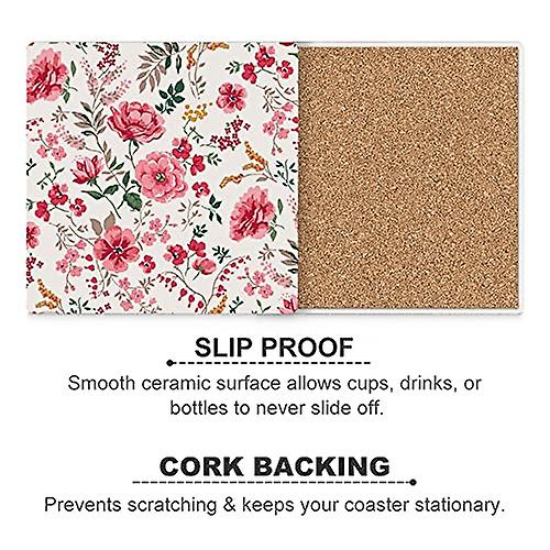 Colourlife Various Beautiful Flowers Printed Square Ceramic Coaster For Drinks With Cork Base For Coffee Cups Place Mats For Home Decor Set Of 4 Piece