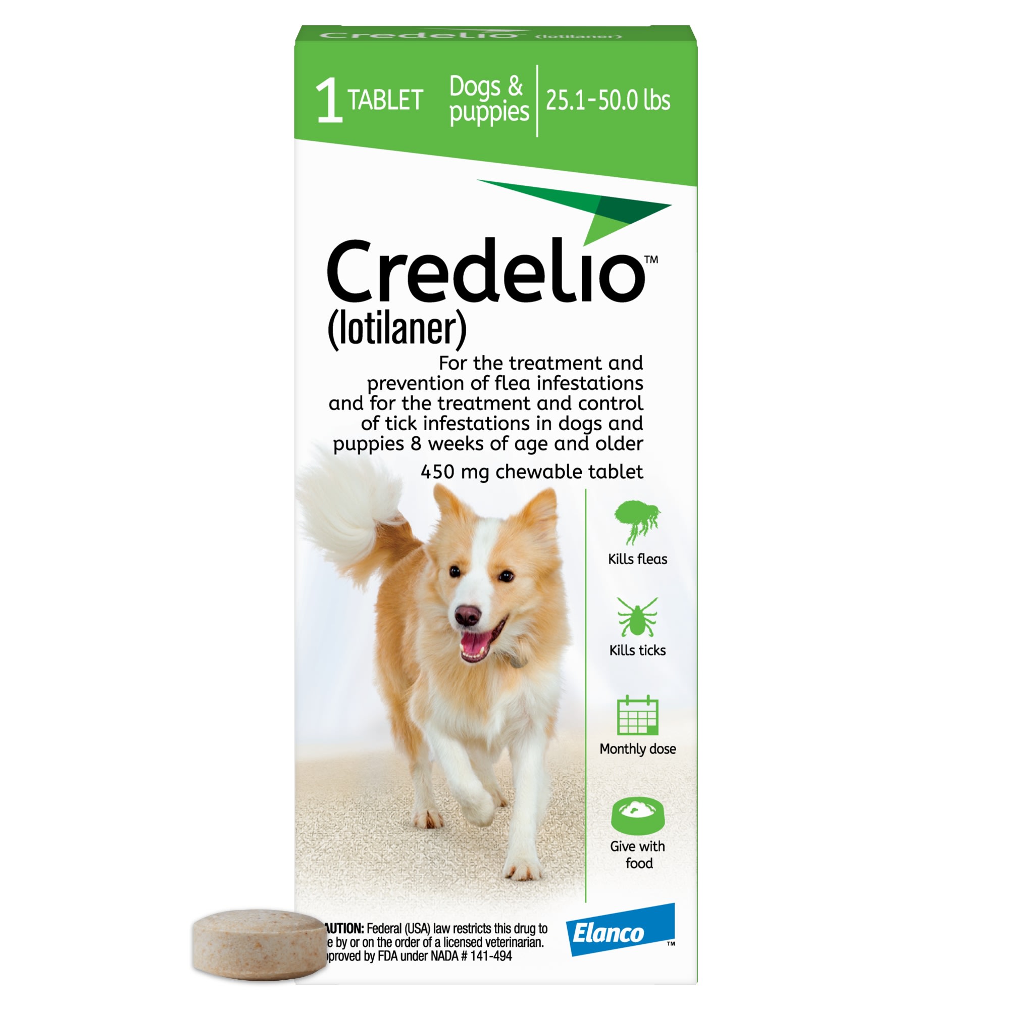 Credelio Chewable Tablet For Dogs 25.1-50 Lbs， 1 Month Supply  | Flea And Tick，  What Is Credelio For Dogs， Flea Pill