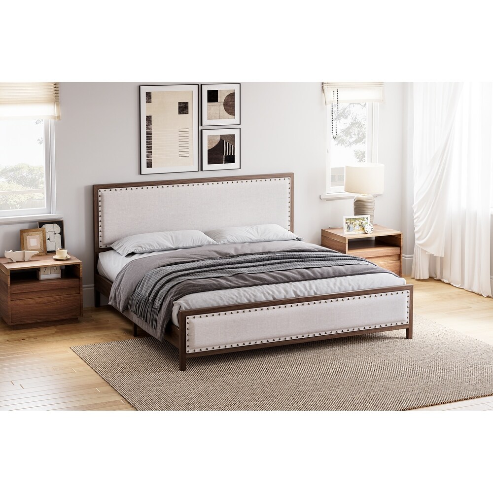 Upholstered Platform Bed with Linen Headboard and Footboard