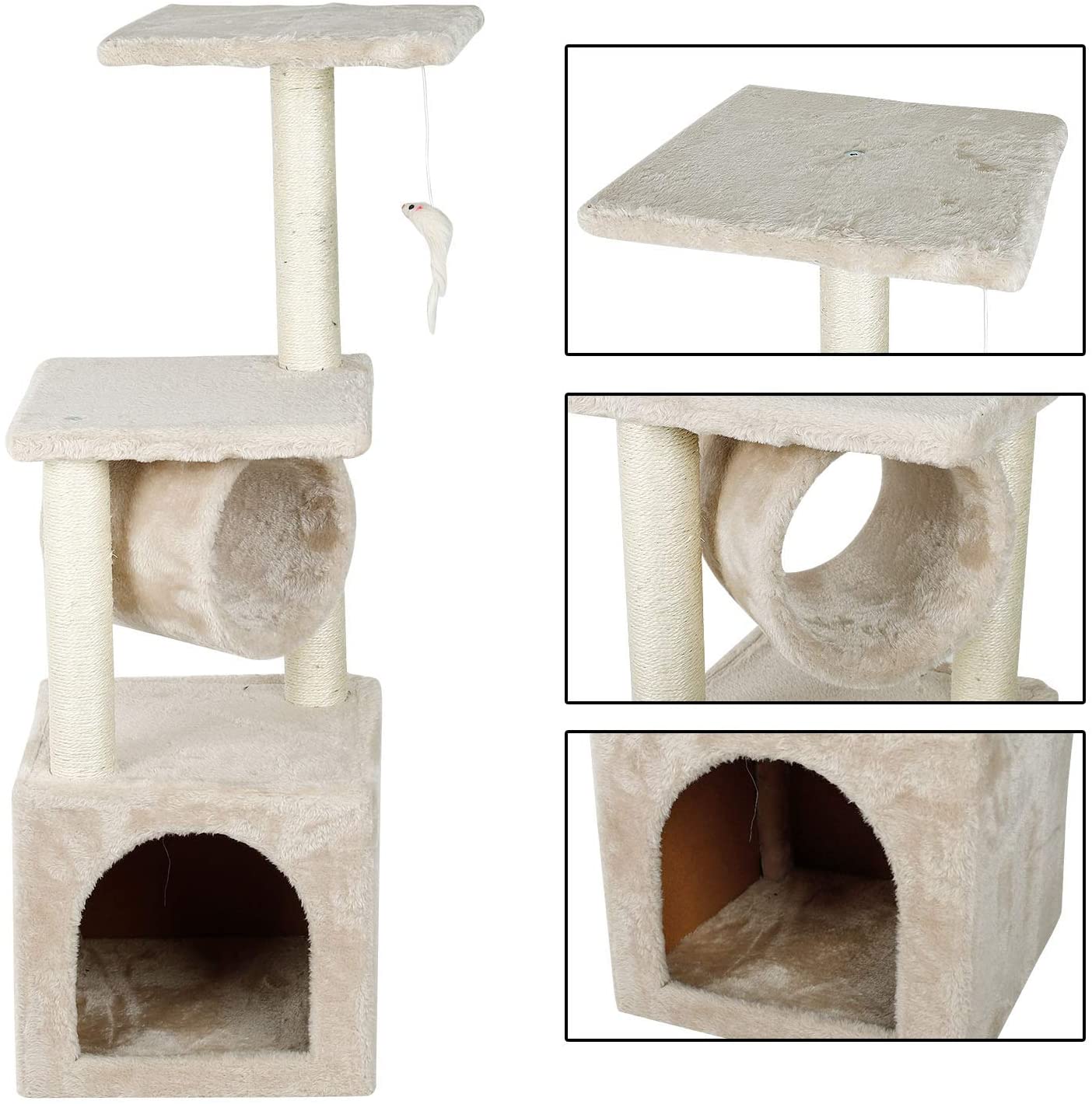 Confote 35.4-in Cat Activity Tree Climb Tower Play House Condo Furniture for Small and Medium Cat, Beige White