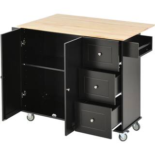 52.7 in. W x 17.71 in. D x 36.81 in. H Black Rolling Mobile Kitchen Island with Solid Wood Top and Locking Wheels WF2870AABWY