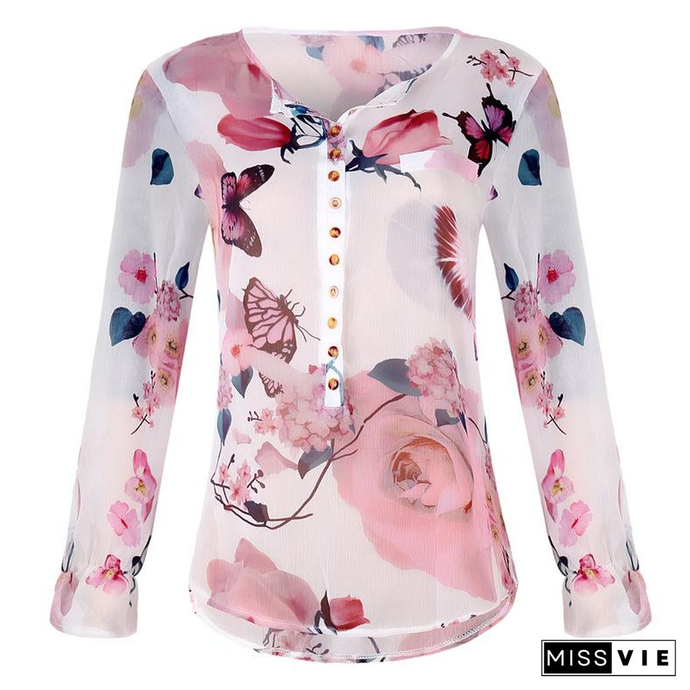 Floral Breeze V-Neck Buttons Long Sleeves Shirt Top