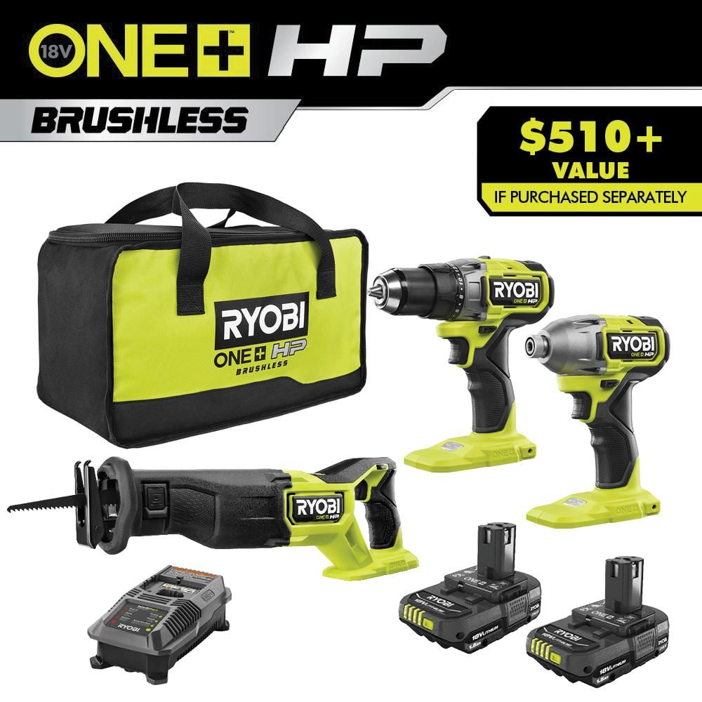 RYOBI ONE+ HP 18V Brushless Cordless 3-Tool Combo Kit with (2) 1.5 Ah Batteries, Charger, and Bag PBLCK33K2N