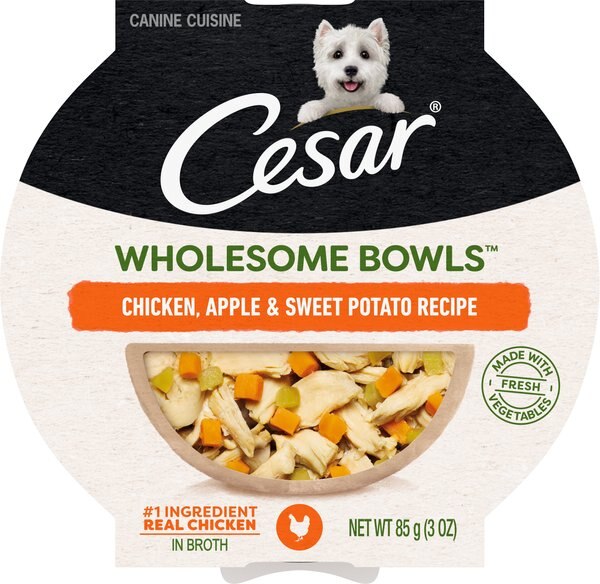 Cesar Wholesome Bowls Chicken， Apple and Sweet Potato Recipe Adult Soft Wet Dog Food， 3-oz Bowl， Case of 10