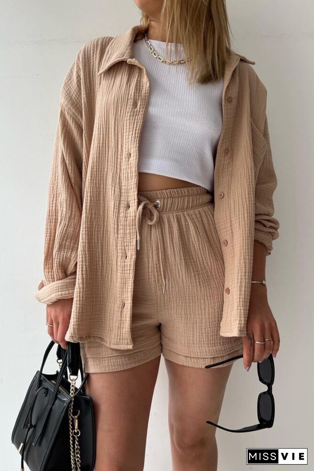 Plain Button Up Shirt and Drawstring Shorts 2PCS Set