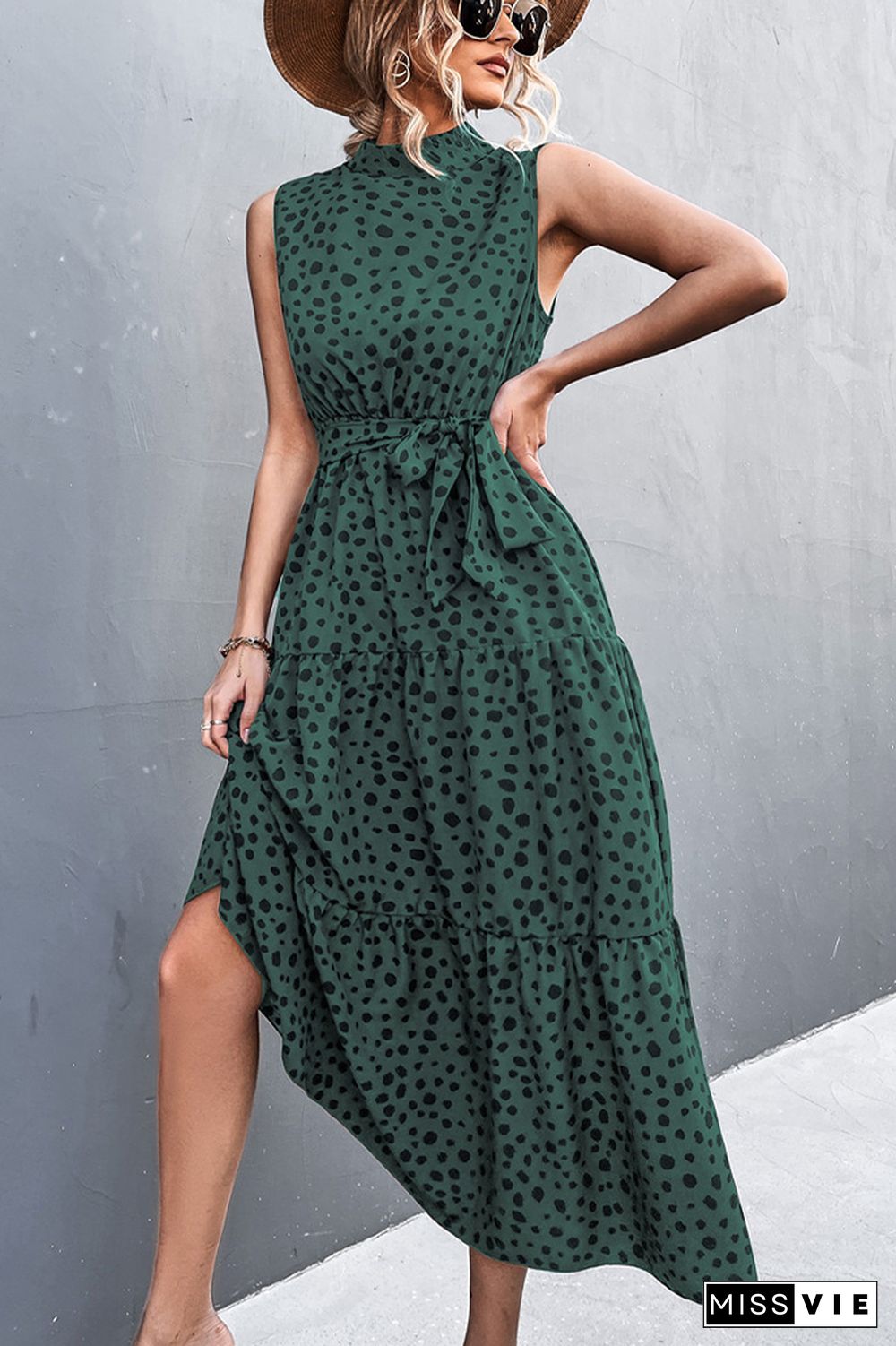 Sleeveless Leopard Printed Long Dress With Belt Wholesale