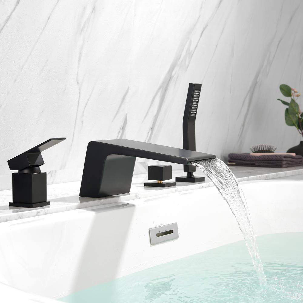 Boyel Living Single-Handle Tub Deck Mount Roman Tub Faucet with Hand Shower and Water Suply Hose in Matte Black SMD-1724B