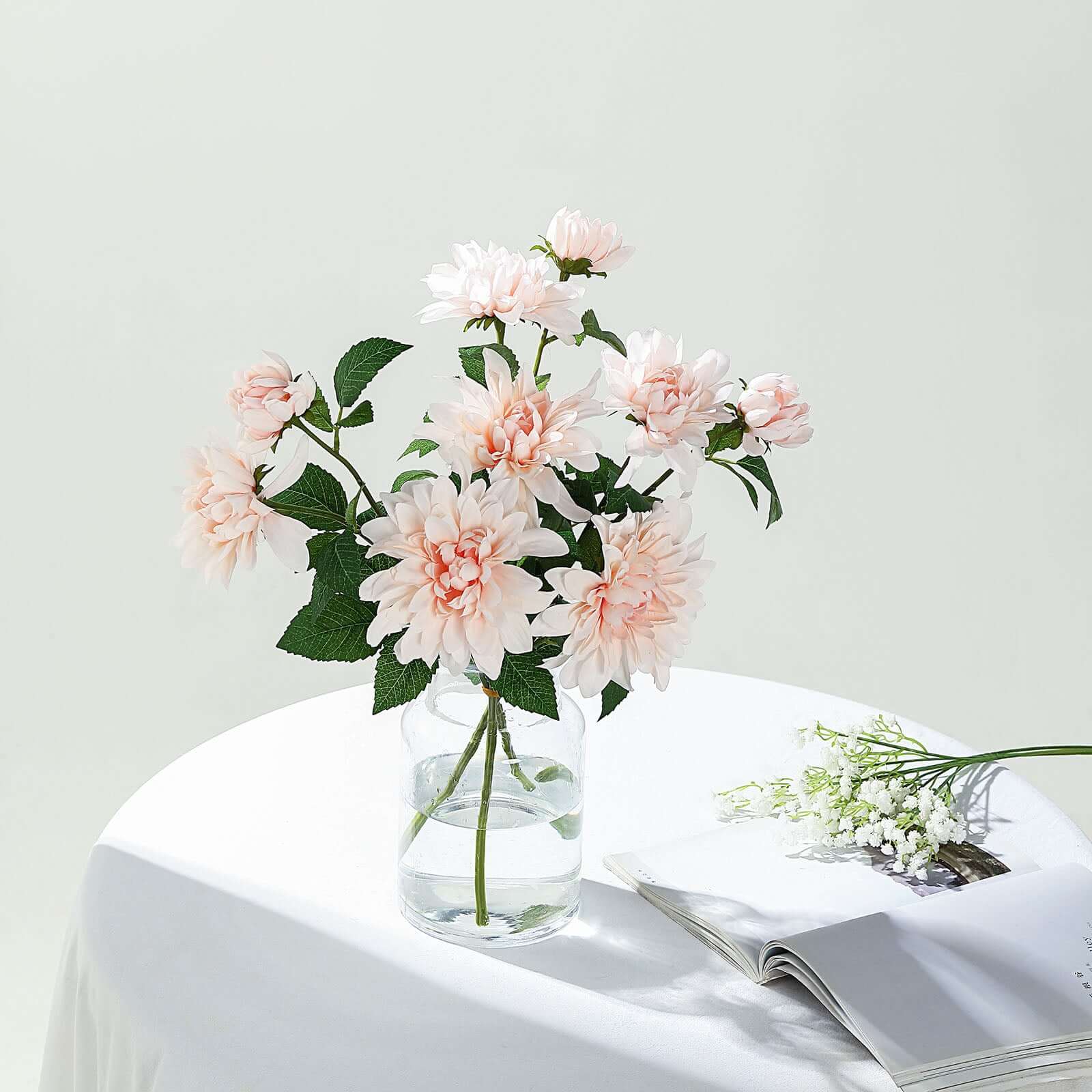 Blush Artificial Dahlia Silk Flower Stems, Faux Floral Spray 30